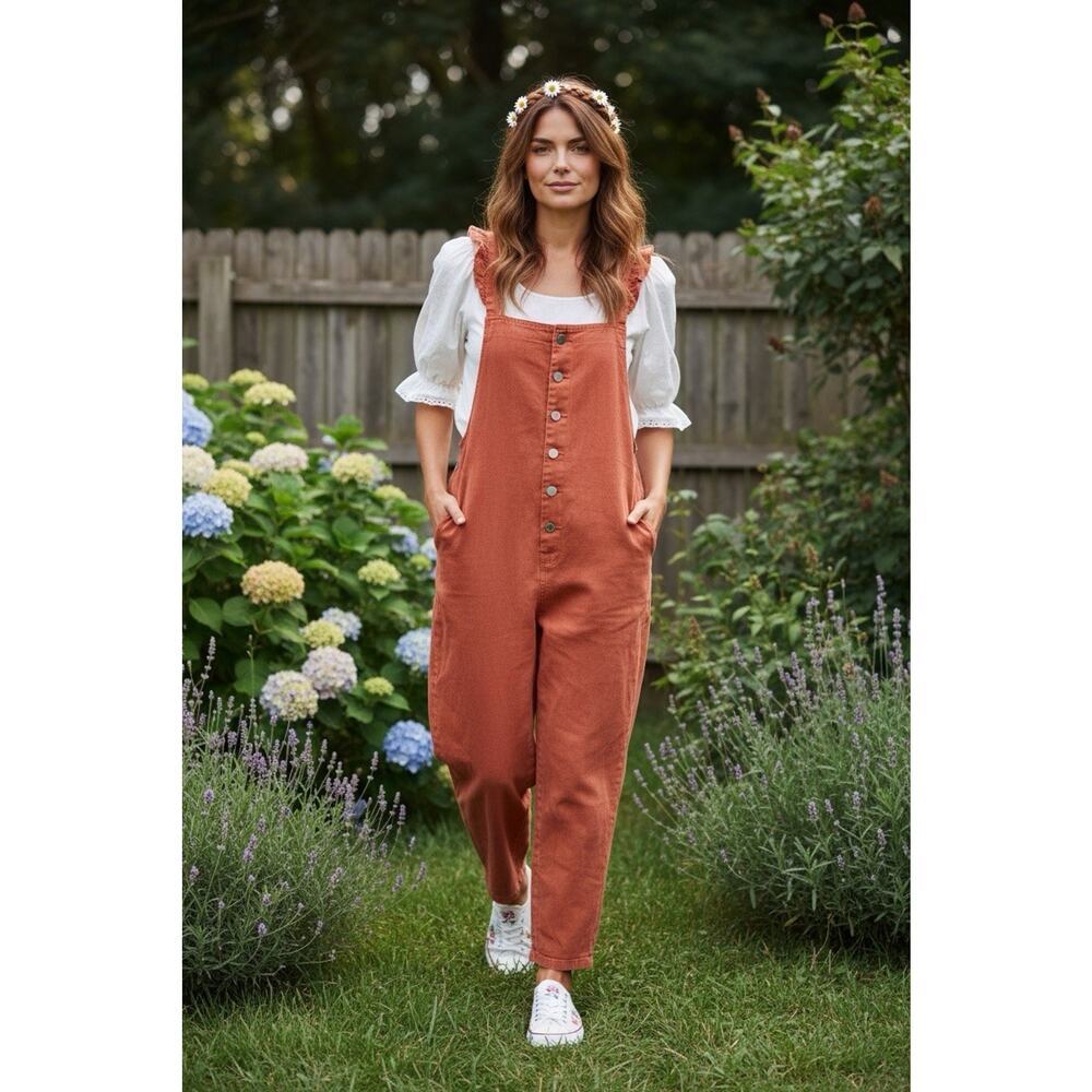 Polagram Mineral Wash Orange Ruffle Detail‎ Denim Overalls Boutique Size Small